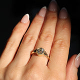 1.05ct GIA Antique Old European Cut Diamond and Trillion Madagascar Sapphire Antique Style Compass Set Low Profile Ring with Milgrain in 18k Yellow Gold