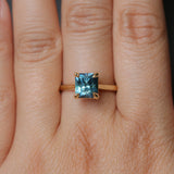 2.67ct Untreated Radiant Cut Montana Sapphire Four Prong Cathedral Solitaire in 18k Yellow Gold