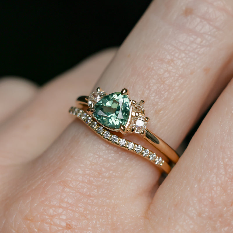 1.08ct Untreated Trillion Australian Sapphire and Antique Diamond Mountainscape Ring in 14k Yellow Gold