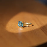2.67ct Untreated Radiant Cut Montana Sapphire Four Prong Cathedral Solitaire in 18k Yellow Gold