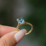 2.67ct Untreated Radiant Cut Montana Sapphire Four Prong Cathedral Solitaire in 18k Yellow Gold