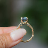 2.67ct Untreated Radiant Cut Montana Sapphire Four Prong Cathedral Solitaire in 18k Yellow Gold
