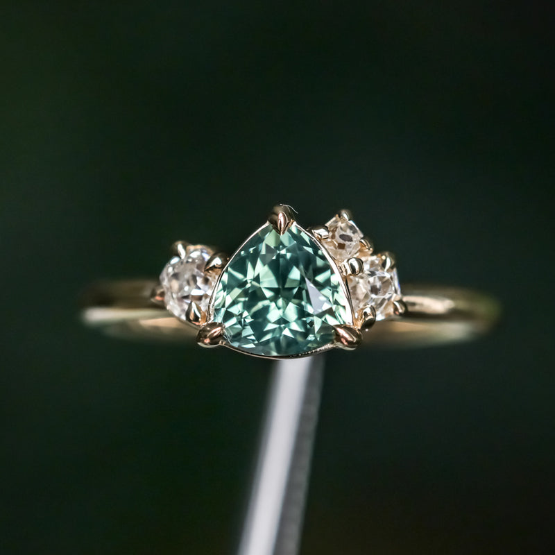 1.08ct Untreated Trillion Australian Sapphire and Antique Diamond Mountainscape Ring in 14k Yellow Gold