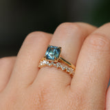 2.67ct Untreated Radiant Cut Montana Sapphire Four Prong Cathedral Solitaire in 18k Yellow Gold