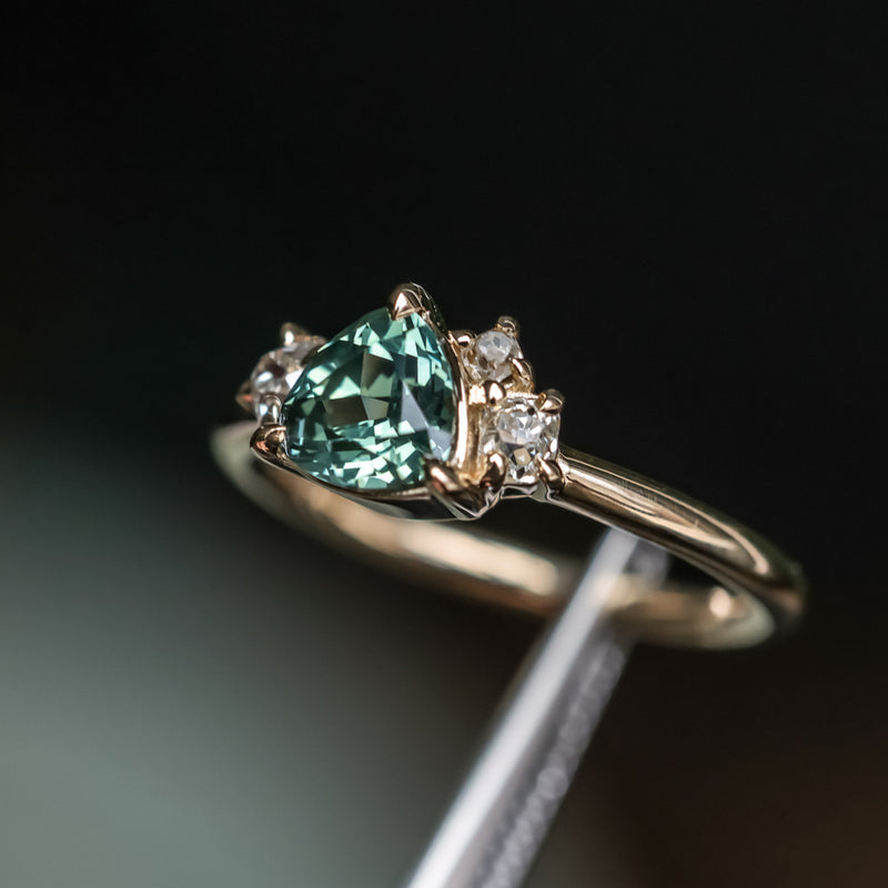 1.08ct Untreated Trillion Australian Sapphire and Antique Diamond Mountainscape Ring in 14k Yellow Gold