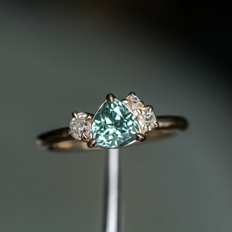 1.08ct Untreated Trillion Australian Sapphire and Antique Diamond Mountainscape Ring in 14k Yellow Gold