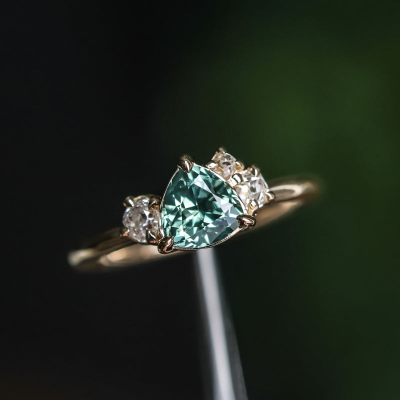 1.08ct Untreated Trillion Australian Sapphire and Antique Diamond Mountainscape Ring in 14k Yellow Gold