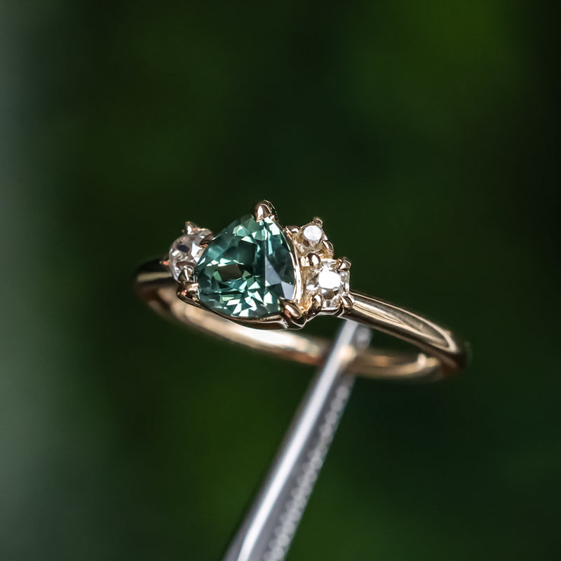 1.08ct Untreated Trillion Australian Sapphire and Antique Diamond Mountainscape Ring in 14k Yellow Gold