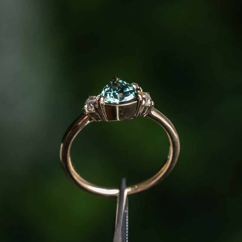 1.08ct Untreated Trillion Australian Sapphire and Antique Diamond Mountainscape Ring in 14k Yellow Gold