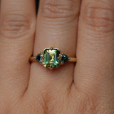 1.86ct Emerald Cut Parti Madagascar Sapphire and Trillion Sapphire Compass Set Low Profile Ring in 18k Yellow Gold