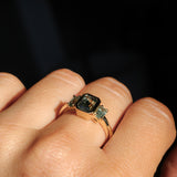 1.29ct Bezel Set Emerald Cut Untreated Montana Sapphire and Montana Sapphire Sides Three Stone Ring in 14k Yellow Gold