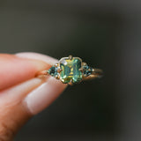 1.86ct Emerald Cut Parti Madagascar Sapphire and Trillion Sapphire Compass Set Low Profile Ring in 18k Yellow Gold