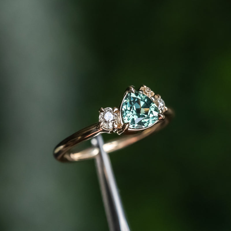 1.08ct Untreated Trillion Australian Sapphire and Antique Diamond Mountainscape Ring in 14k Yellow Gold