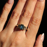 1.29ct Bezel Set Emerald Cut Untreated Montana Sapphire and Montana Sapphire Sides Three Stone Ring in 14k Yellow Gold