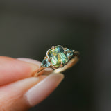 1.86ct Emerald Cut Parti Madagascar Sapphire and Trillion Sapphire Compass Set Low Profile Ring in 18k Yellow Gold