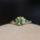 1.86ct Emerald Cut Parti Madagascar Sapphire and Trillion Sapphire Compass Set Low Profile Ring in 18k Yellow Gold