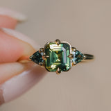 1.86ct Emerald Cut Parti Madagascar Sapphire and Trillion Sapphire Compass Set Low Profile Ring in 18k Yellow Gold