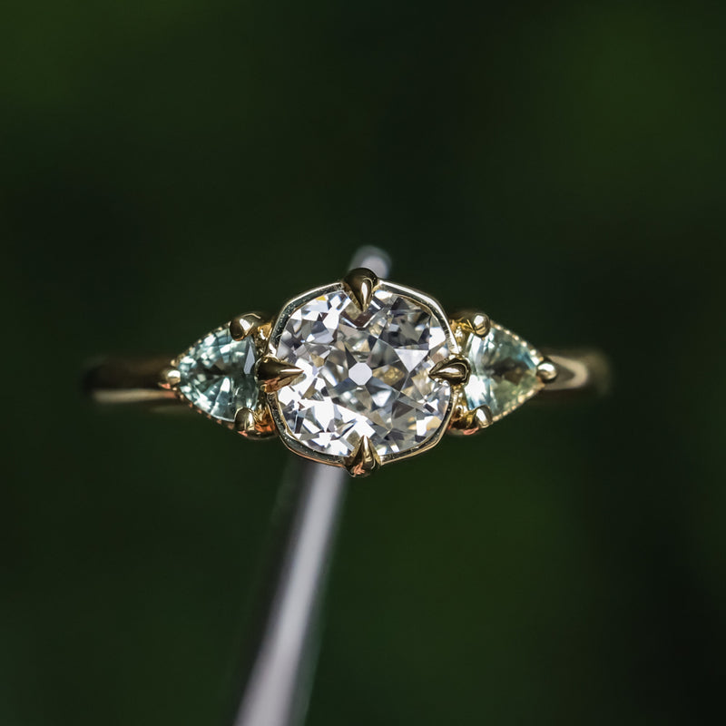 0.96ct Antique Old Mine Cut Diamond and Trillion Seafoam Montana Sapphire Antique Style Compass Set Low Profile Ring with Milgrain in 18k Yellow Gold