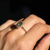 1.70ct Untreated Radiant Cut Vibrant Teal Green Sapphire Antique-Style Diamond Halo Ring in 14 Yellow Gold