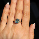 1.70ct Untreated Radiant Cut Vibrant Teal Green Sapphire Antique-Style Diamond Halo Ring in 14 Yellow Gold