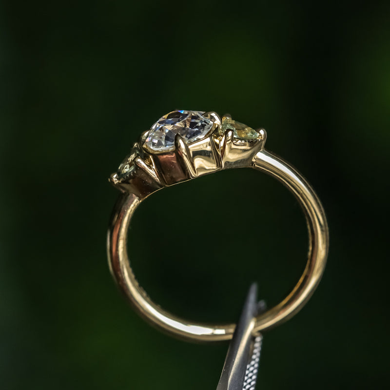 0.96ct Antique Old Mine Cut Diamond and Trillion Seafoam Montana Sapphire Antique Style Compass Set Low Profile Ring with Milgrain in 18k Yellow Gold
