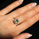 1.70ct Untreated Radiant Cut Vibrant Teal Green Sapphire Antique-Style Diamond Halo Ring in 14 Yellow Gold