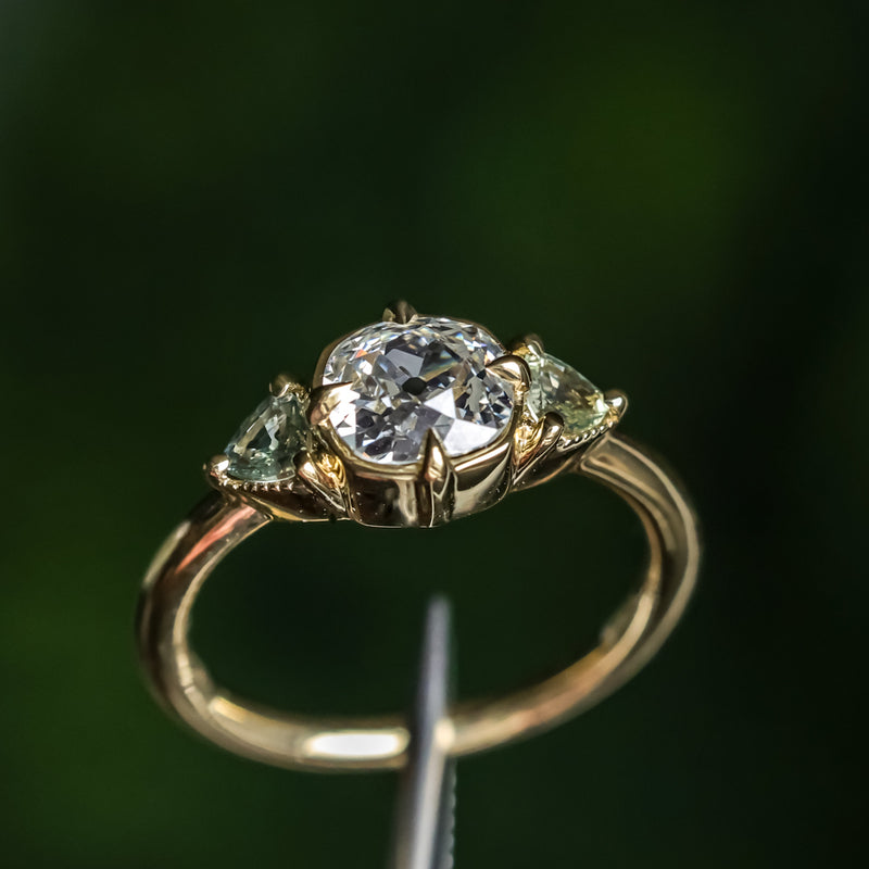 0.96ct Antique Old Mine Cut Diamond and Trillion Seafoam Montana Sapphire Antique Style Compass Set Low Profile Ring with Milgrain in 18k Yellow Gold