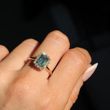 1.70ct Untreated Radiant Cut Vibrant Teal Green Sapphire Antique-Style Diamond Halo Ring in 14 Yellow Gold
