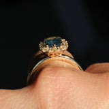 1.70ct Untreated Radiant Cut Vibrant Teal Green Sapphire Antique-Style Diamond Halo Ring in 14 Yellow Gold