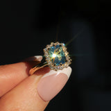 1.70ct Untreated Radiant Cut Vibrant Teal Green Sapphire Antique-Style Diamond Halo Ring in 14 Yellow Gold
