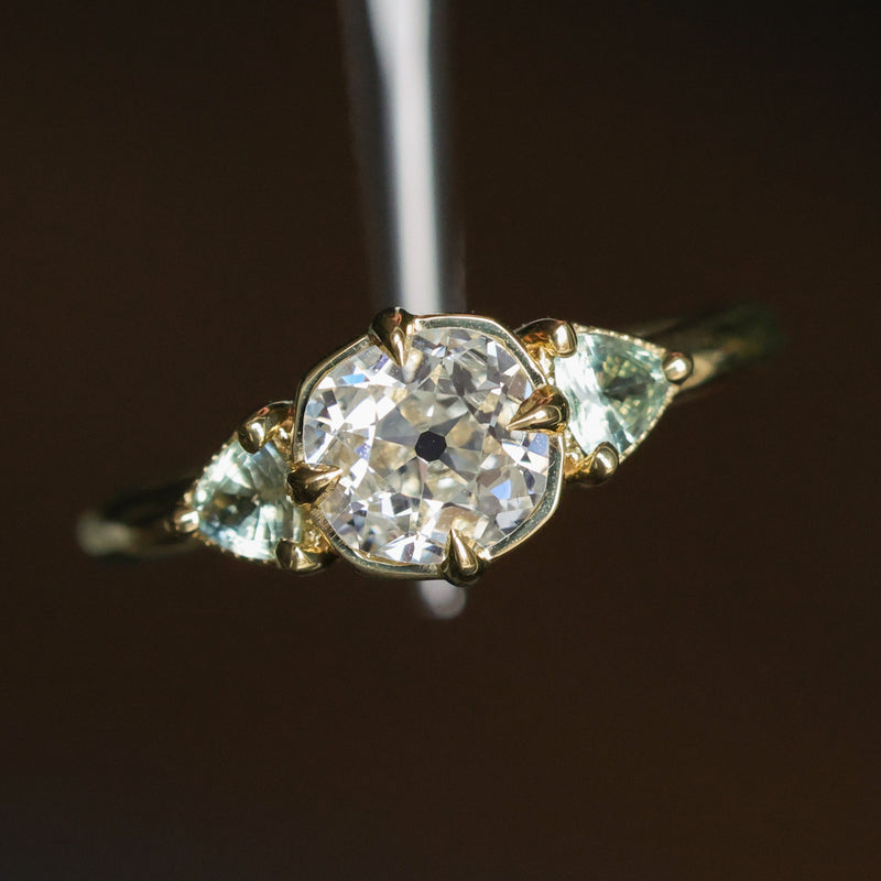 0.96ct Antique Old Mine Cut Diamond and Trillion Seafoam Montana Sapphire Antique Style Compass Set Low Profile Ring with Milgrain in 18k Yellow Gold