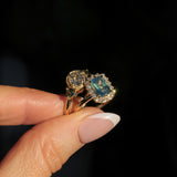 1.70ct Untreated Radiant Cut Vibrant Teal Green Sapphire Antique-Style Diamond Halo Ring in 14 Yellow Gold