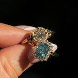 1.70ct Untreated Radiant Cut Vibrant Teal Green Sapphire Antique-Style Diamond Halo Ring in 14 Yellow Gold