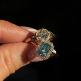 1.70ct Untreated Radiant Cut Vibrant Teal Green Sapphire Antique-Style Diamond Halo Ring in 14 Yellow Gold