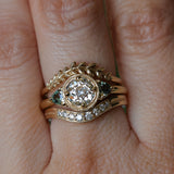 1.05ct GIA Antique Old European Cut Diamond and Trillion Madagascar Sapphire Antique Style Compass Set Low Profile Ring with Milgrain in 18k Yellow Gold