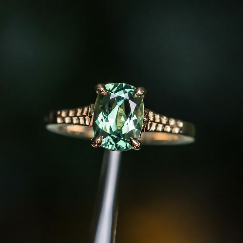 1.98ct Untreated Australian Elongated Cushion Cut Sapphire Vine Cathedral Four Prong Ring in 14k Yellow Gold