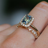 1.70ct Untreated Radiant Cut Vibrant Teal Green Sapphire Antique-Style Diamond Halo Ring in 14 Yellow Gold