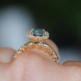 1.70ct Untreated Radiant Cut Vibrant Teal Green Sapphire Antique-Style Diamond Halo Ring in 14 Yellow Gold