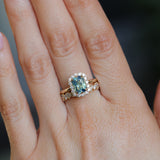 1.70ct Untreated Radiant Cut Vibrant Teal Green Sapphire Antique-Style Diamond Halo Ring in 14 Yellow Gold
