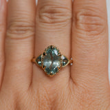 3.29ct Untreated Moval Montana Sapphire and Trillion Australian Sapphire Three Stone Scallop Cup Antique Style with Milgrain Low Profile Ring in 18k Yellow Gold