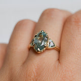 3.29ct Untreated Moval Montana Sapphire and Trillion Australian Sapphire Three Stone Scallop Cup Antique Style with Milgrain Low Profile Ring in 18k Yellow Gold