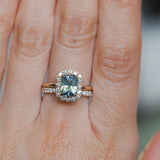 1.70ct Untreated Radiant Cut Vibrant Teal Green Sapphire Antique-Style Diamond Halo Ring in 14 Yellow Gold