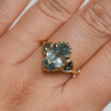 3.29ct Untreated Moval Montana Sapphire and Trillion Australian Sapphire Three Stone Scallop Cup Antique Style with Milgrain Low Profile Ring in 18k Yellow Gold