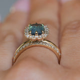 1.70ct Untreated Radiant Cut Vibrant Teal Green Sapphire Antique-Style Diamond Halo Ring in 14 Yellow Gold
