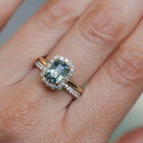 1.70ct Untreated Radiant Cut Vibrant Teal Green Sapphire Antique-Style Diamond Halo Ring in 14 Yellow Gold