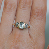 1.29ct Bezel Set Emerald Cut Untreated Montana Sapphire and Montana Sapphire Sides Three Stone Ring in 14k Yellow Gold