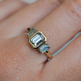 1.29ct Bezel Set Emerald Cut Untreated Montana Sapphire and Montana Sapphire Sides Three Stone Ring in 14k Yellow Gold