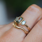 1.29ct Bezel Set Emerald Cut Untreated Montana Sapphire and Montana Sapphire Sides Three Stone Ring in 14k Yellow Gold