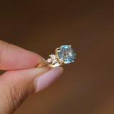 3.38ct Untreated Montana Sapphire Cushion Cut Marquise Diamond Cluster Ring in 18k Yellow Gold