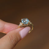 3.38ct Untreated Montana Sapphire Cushion Cut Marquise Diamond Cluster Ring in 18k Yellow Gold